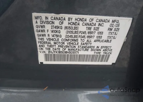 2006 Honda Ridgeline Rtl z USA, uszkodzony, nr VIN 2HJYK16506H505171